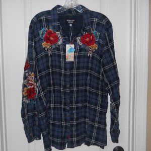 NWT Johnny Was Blue Plaid Embroidered "Vicki Basic Shirt" Top Blouse, Sz XL